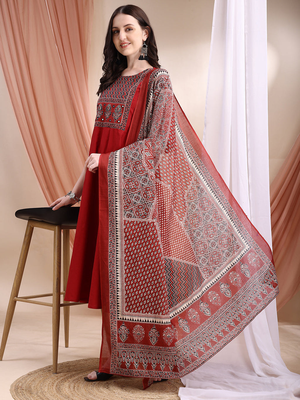 Embroidered & Ethnic Printed Anarkali Kurta With Pant & Printed Dupatta, Maroon - Hiral Fashion | Grocsy