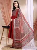 Embroidered & Ethnic Printed Anarkali Kurta With Pant & Printed Dupatta, Maroon - Hiral Fashion | Grocsy
