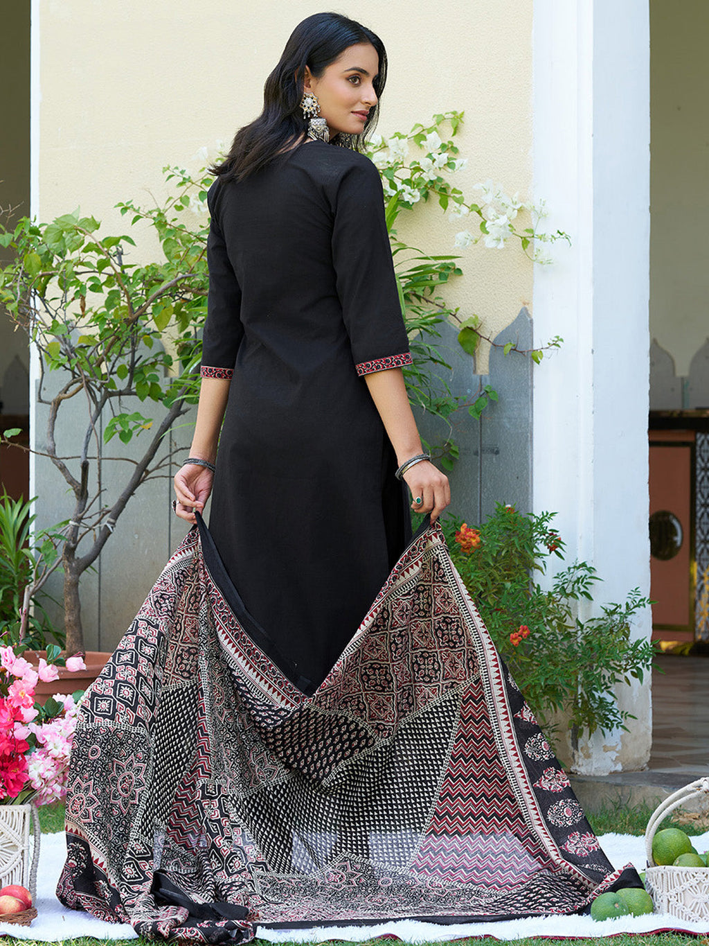 Embroidered & Ethnic Printed Kurta With Pant & Printed Dupatta, Black - Hiral Fashion | Grocsy
