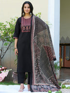 Embroidered & Ethnic Printed Kurta With Pant & Printed Dupatta, Black - Hiral Fashion | Grocsy