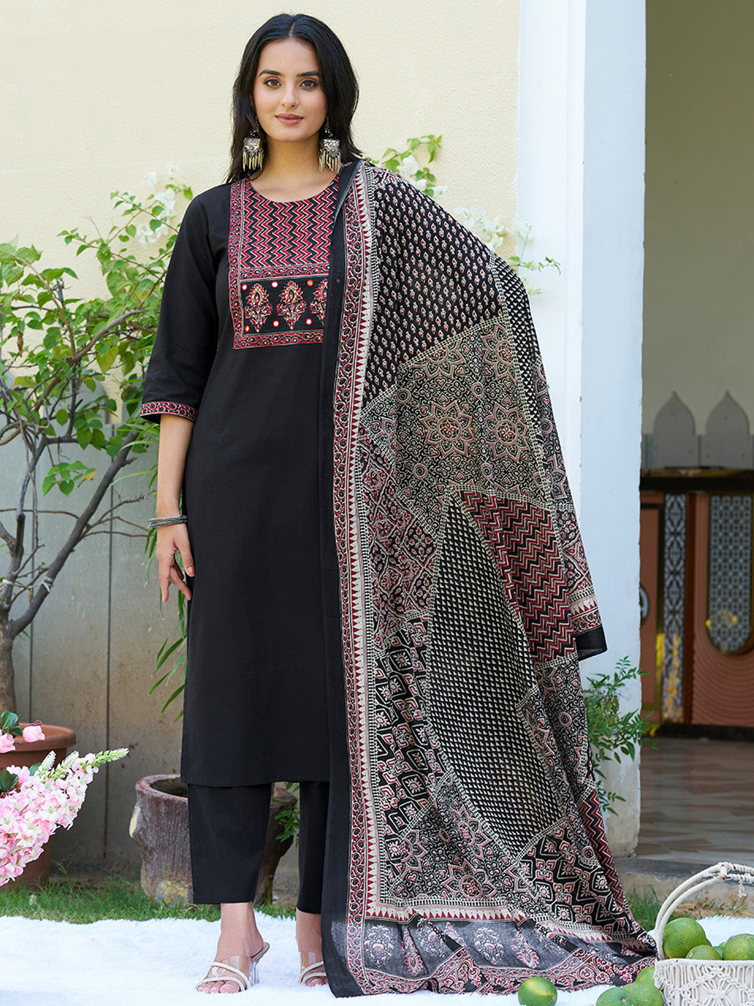 Embroidered & Ethnic Printed Kurta With Pant & Printed Dupatta, Black - Hiral Fashion | Grocsy