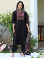 Embroidered & Ethnic Printed Kurta With Pant & Printed Dupatta, Black - Hiral Fashion | Grocsy
