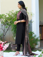 Embroidered & Ethnic Printed Kurta With Pant & Printed Dupatta, Black - Hiral Fashion | Grocsy