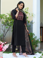 Embroidered & Ethnic Printed Kurta With Pant & Printed Dupatta, Black - Hiral Fashion | Grocsy