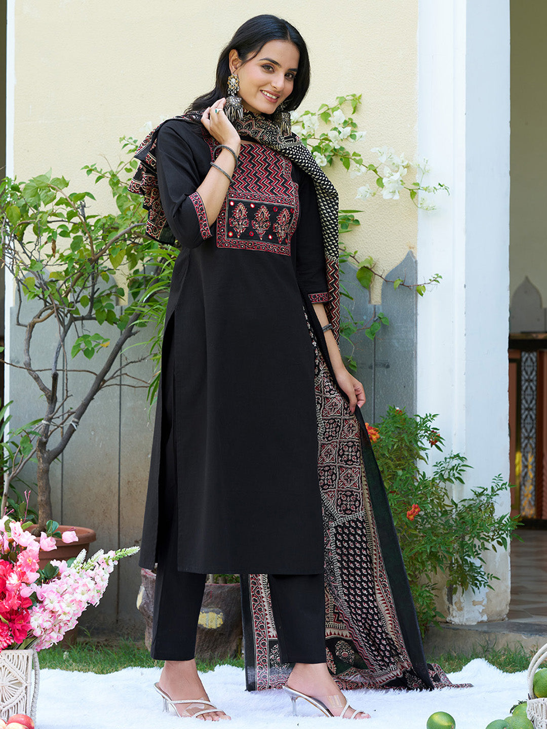 Embroidered & Ethnic Printed Kurta With Pant & Printed Dupatta, Black - Hiral Fashion | Grocsy
