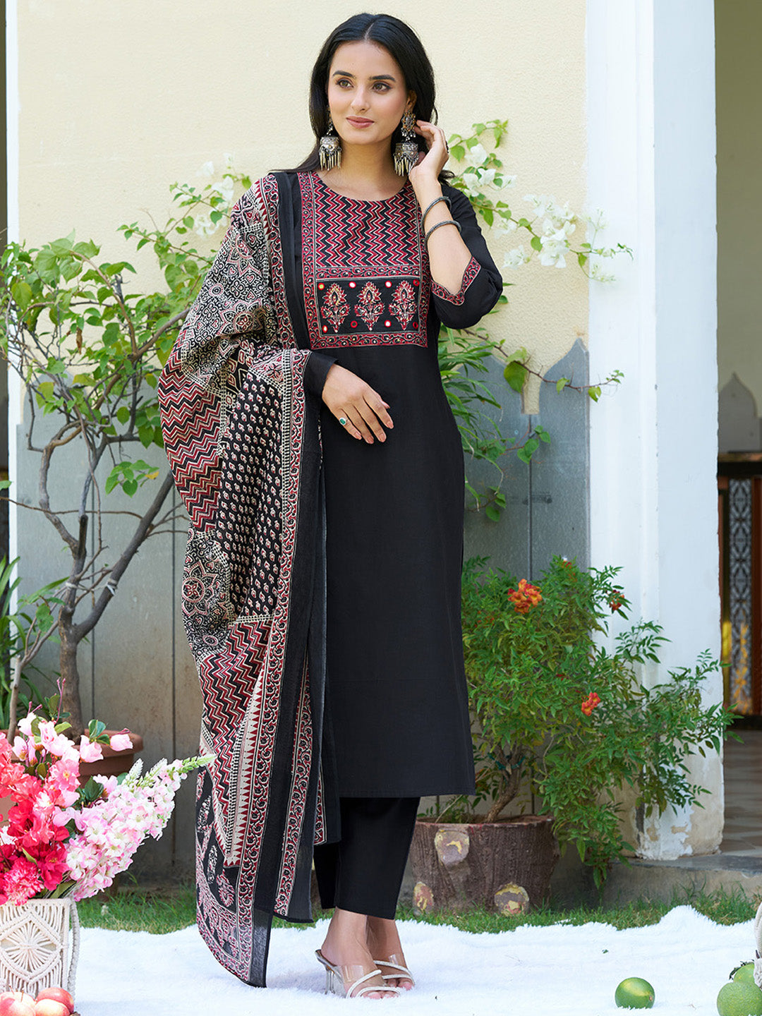 Embroidered & Ethnic Printed Kurta With Pant & Printed Dupatta, Black - Hiral Fashion | Grocsy