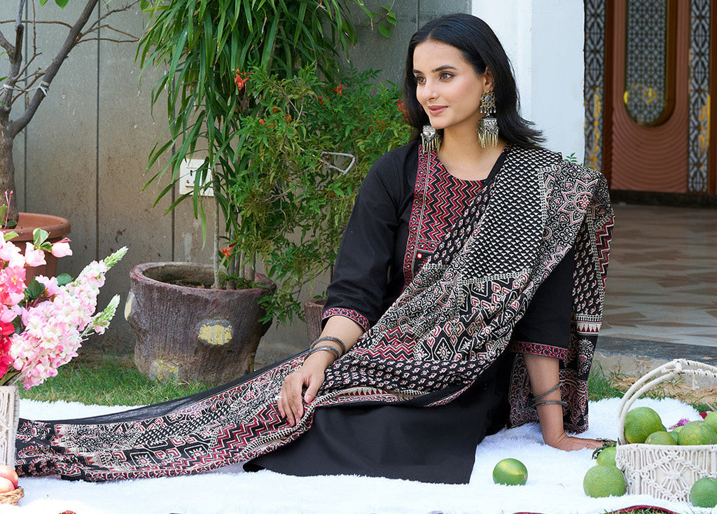 Embroidered & Ethnic Printed Kurta With Pant & Printed Dupatta, Black - Hiral Fashion | Grocsy