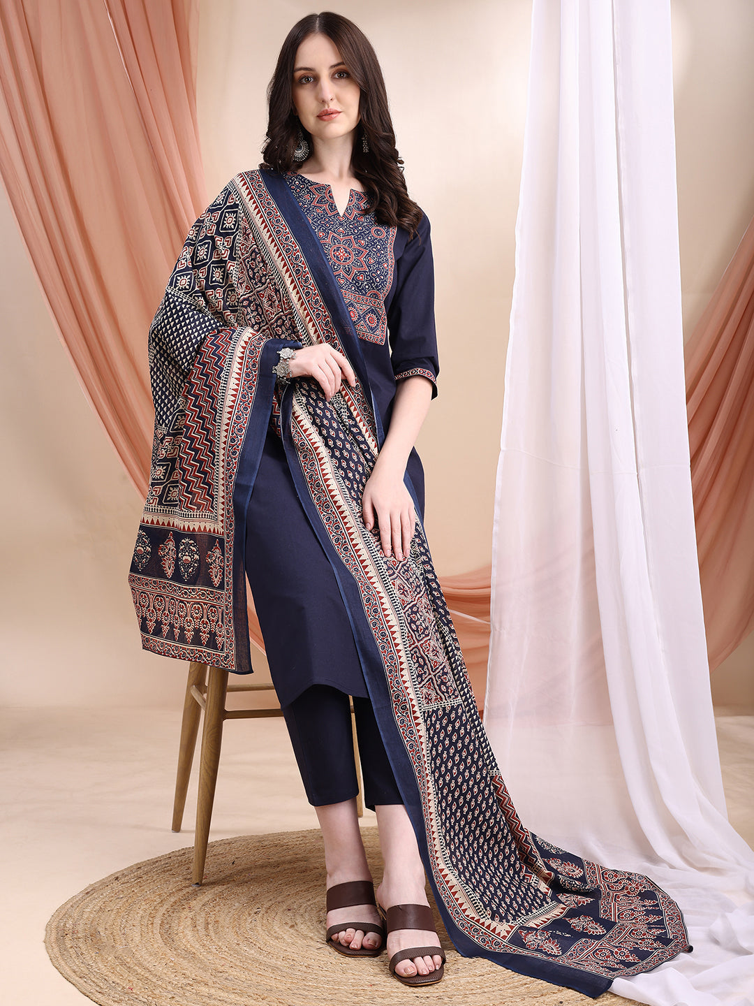Embroidered & Ethnic Printed Kurta With Pant & Printed Dupatta, Navy Blue - Hiral Fashion | Grocsy