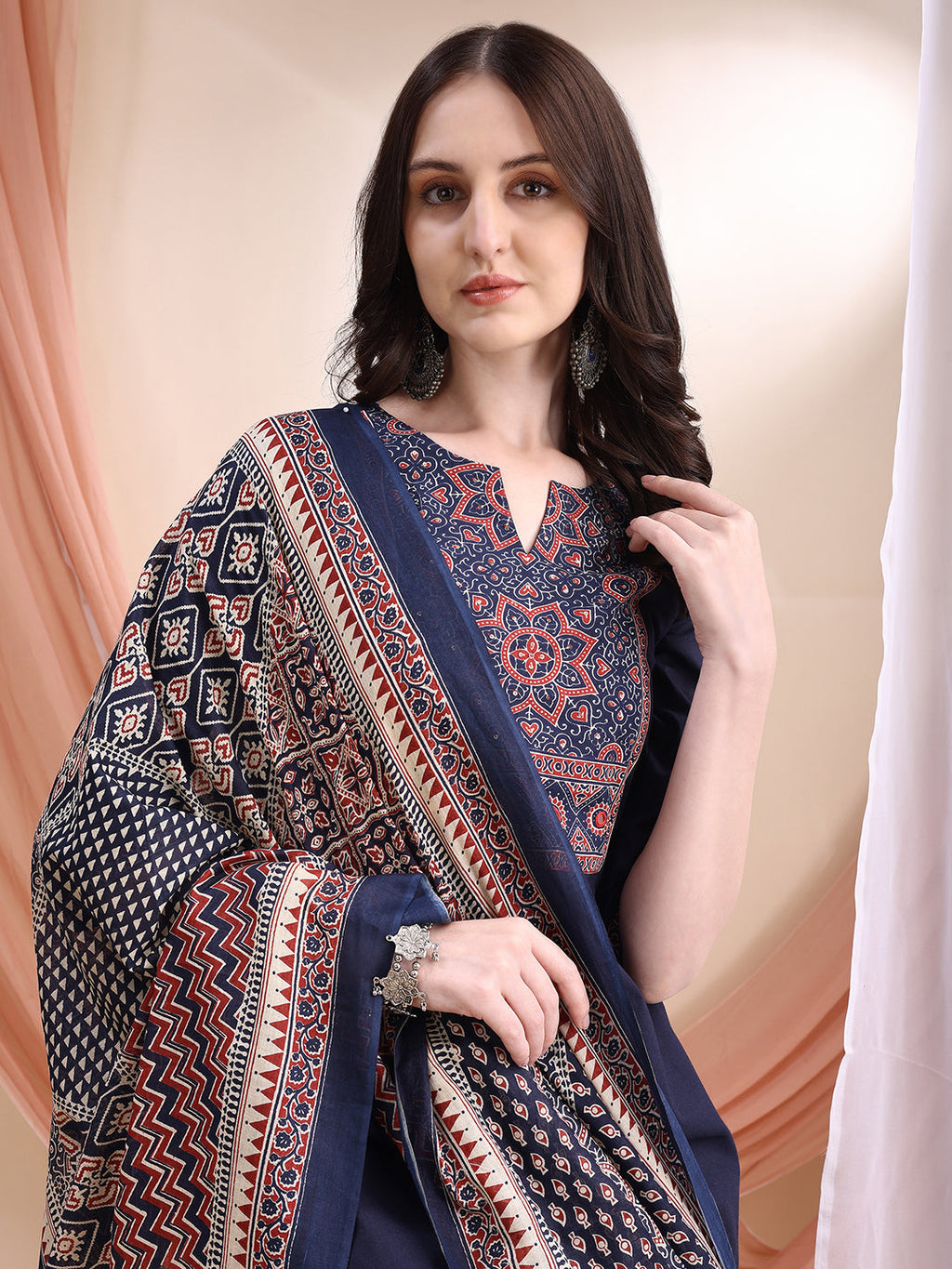 Embroidered & Ethnic Printed Kurta With Pant & Printed Dupatta, Navy Blue - Hiral Fashion | Grocsy