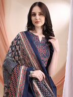 Embroidered & Ethnic Printed Kurta With Pant & Printed Dupatta, Navy Blue - Hiral Fashion | Grocsy
