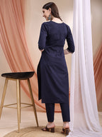 Embroidered & Ethnic Printed Kurta With Pant & Printed Dupatta, Navy Blue - Hiral Fashion | Grocsy