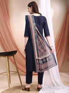Embroidered & Ethnic Printed Kurta With Pant & Printed Dupatta, Navy Blue - Hiral Fashion | Grocsy