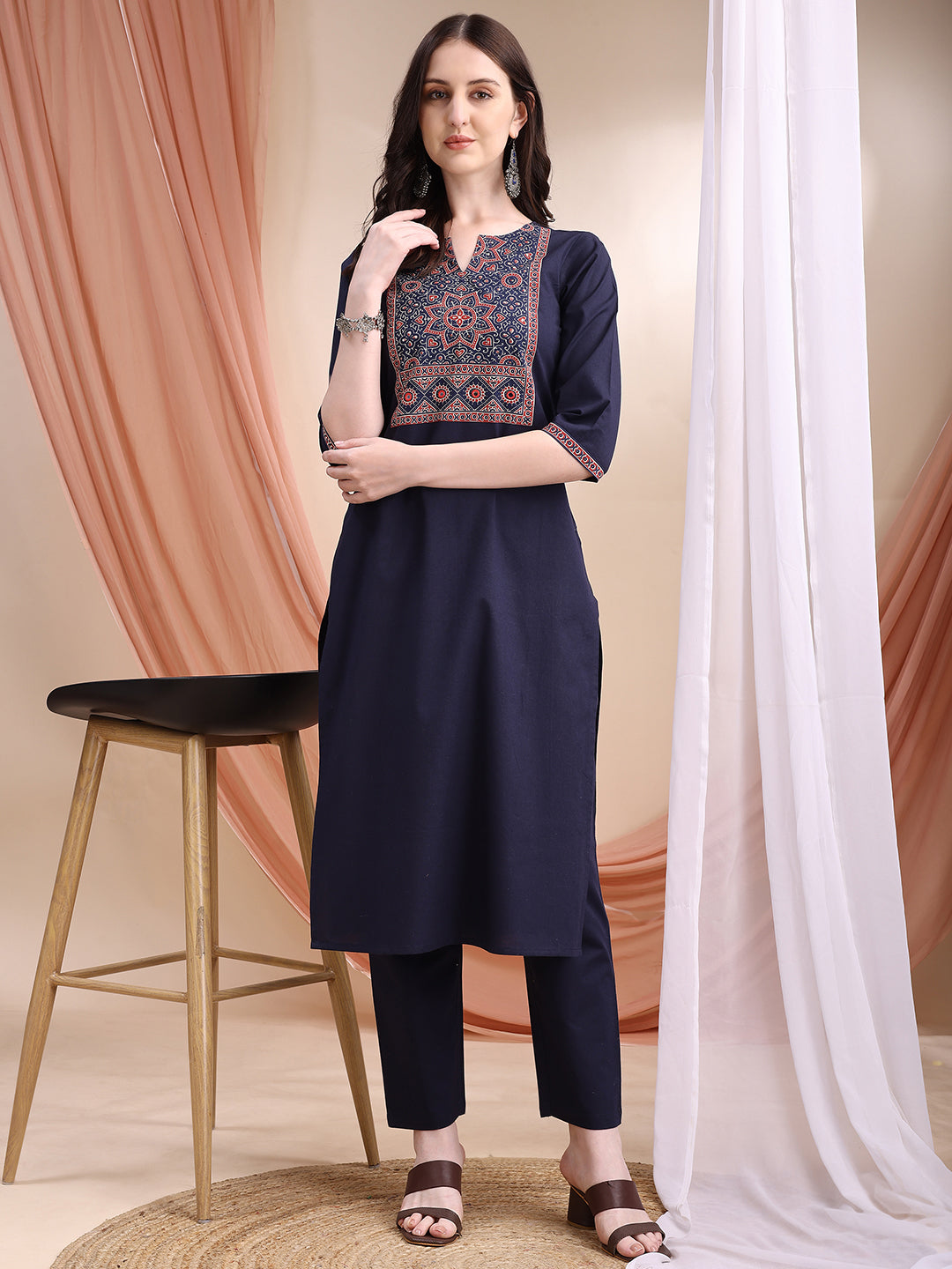 Embroidered & Ethnic Printed Kurta With Pant & Printed Dupatta, Navy Blue - Hiral Fashion | Grocsy