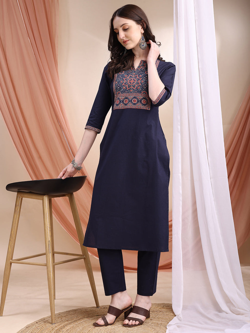 Embroidered & Ethnic Printed Kurta With Pant & Printed Dupatta, Navy Blue - Hiral Fashion | Grocsy