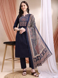 Embroidered & Ethnic Printed Kurta With Pant & Printed Dupatta, Navy Blue - Hiral Fashion | Grocsy