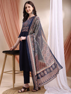 Embroidered & Ethnic Printed Kurta With Pant & Printed Dupatta, Navy Blue - Hiral Fashion | Grocsy