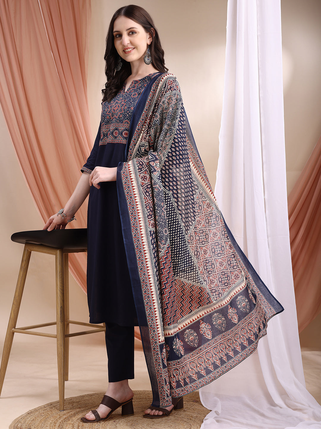 Embroidered & Ethnic Printed Kurta With Pant & Printed Dupatta, Navy Blue - Hiral Fashion | Grocsy