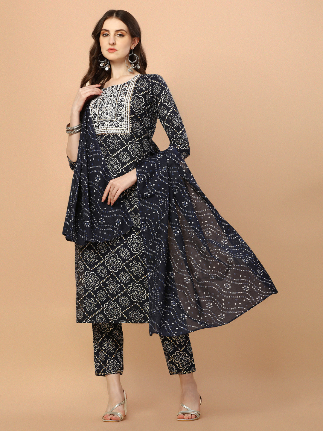 Bandhani Printed & Embroidered Kurta With Pant And Dupatta Set, Multicolor - Hiral Fashion | Grocsy