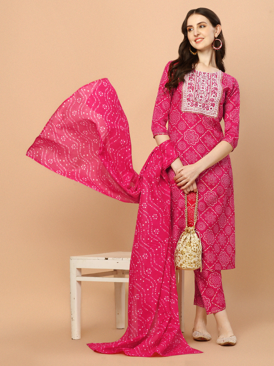 Bandhani Printed & Embroidered Kurta With Pant And Dupatta Set, Multicolor - Hiral Fashion | Grocsy