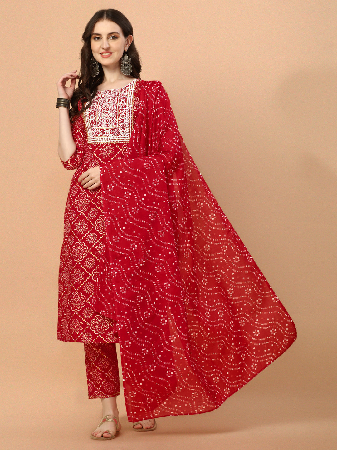 Bandhani Printed & Embroidered Kurta With Pant And Dupatta Set, Multicolor - Hiral Fashion | Grocsy