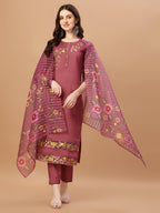 Hand Embroidered Kurta With Pant & Printed Premium Organza Dupatta, Multicolor - Hiral Fashion | Grocsy