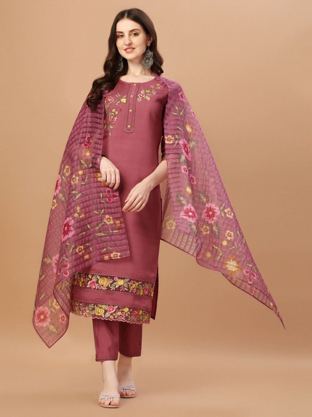 Hand Embroidered Kurta With Pant & Printed Premium Organza Dupatta, Multicolor - Hiral Fashion | Grocsy