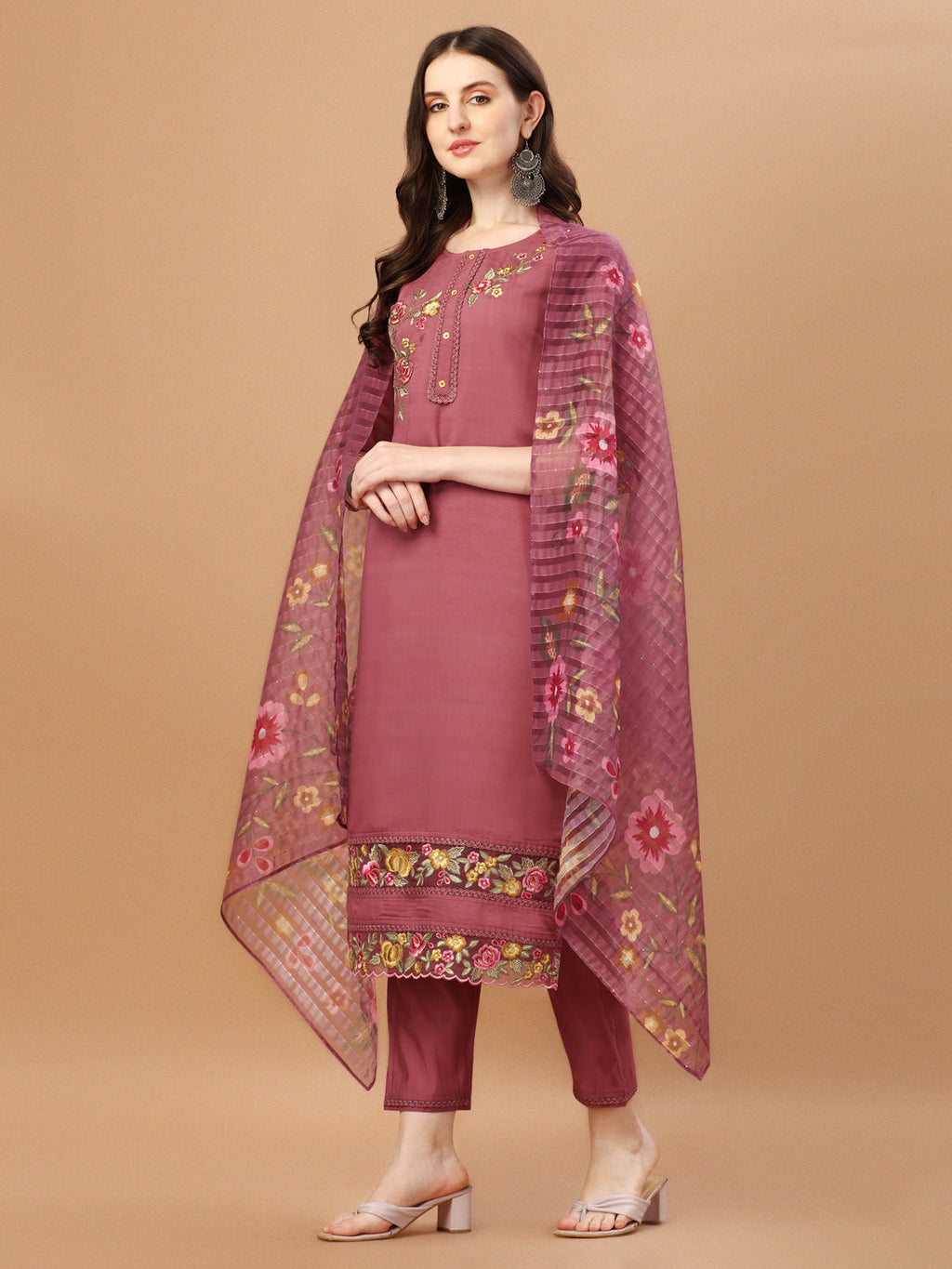 Hand Embroidered Kurta With Pant & Printed Premium Organza Dupatta, Multicolor - Hiral Fashion | Grocsy