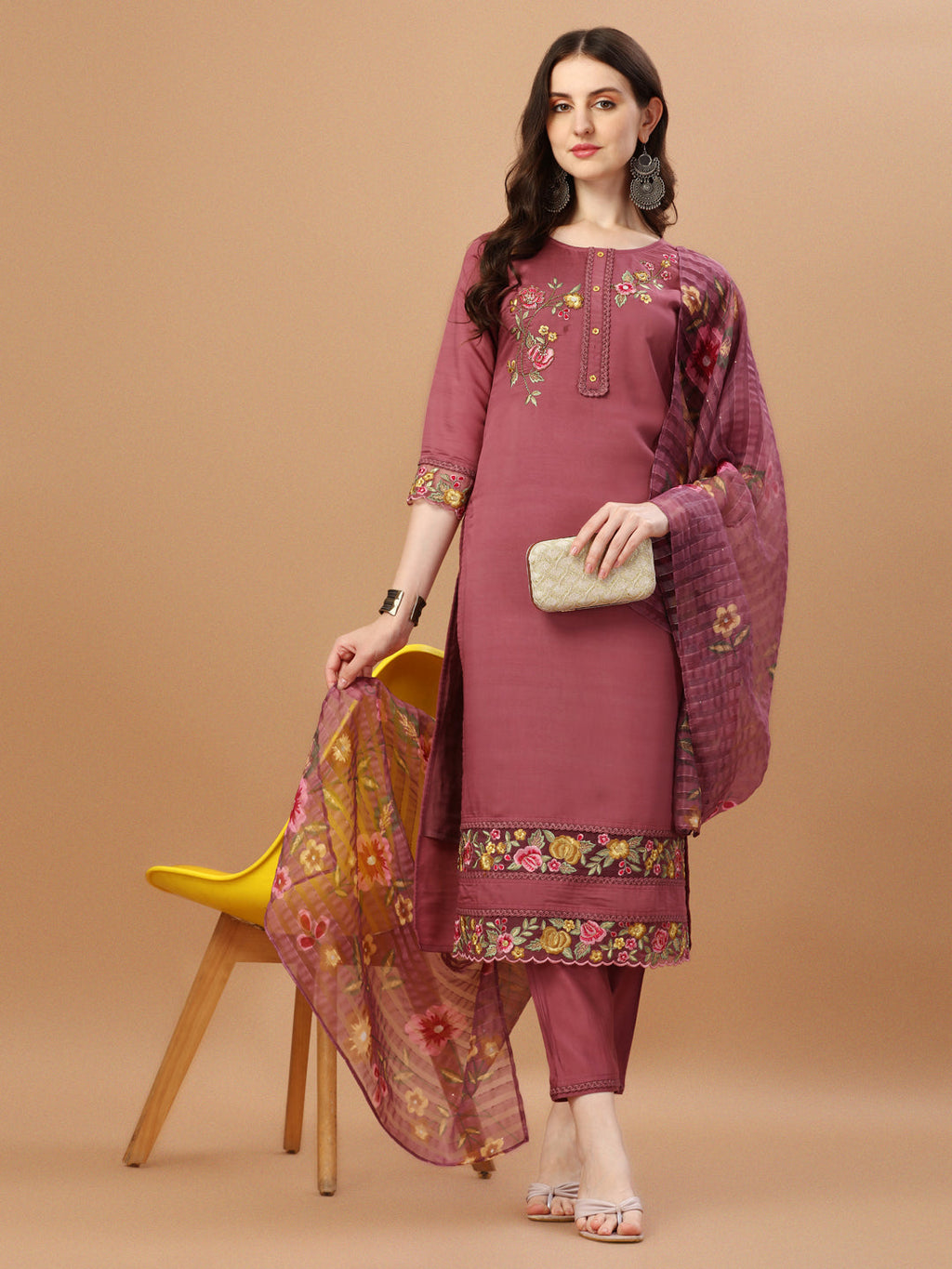 Hand Embroidered Kurta With Pant & Printed Premium Organza Dupatta, Multicolor - Hiral Fashion | Grocsy