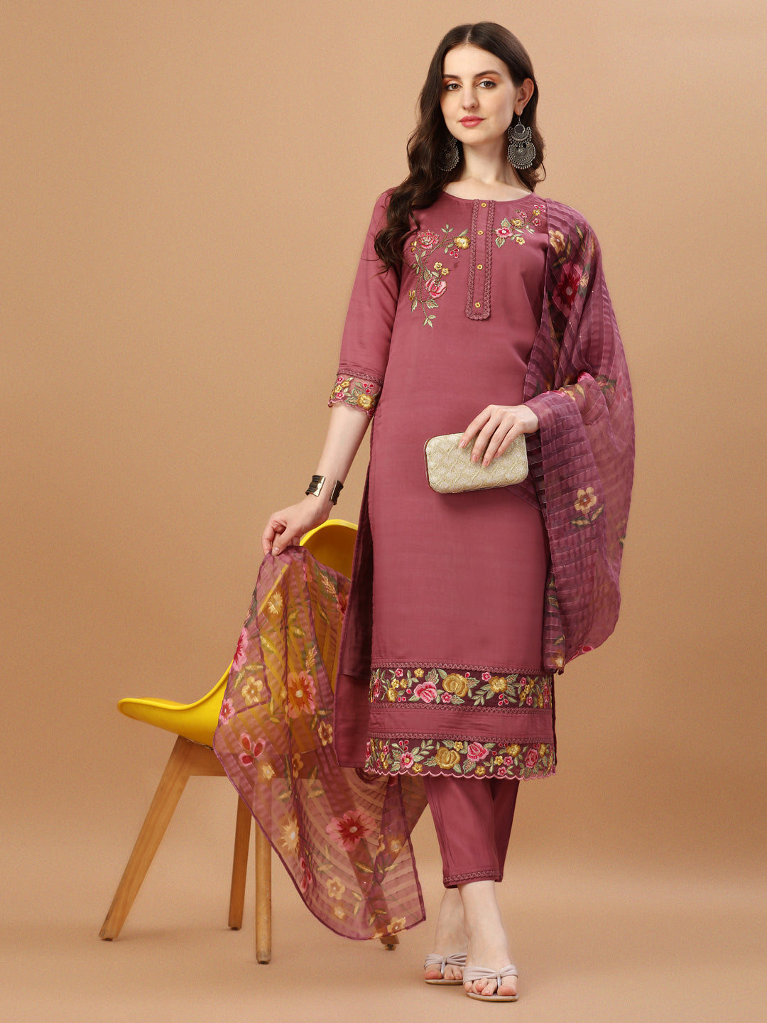 Hand Embroidered Kurta With Pant & Printed Premium Organza Dupatta, Multicolor - Hiral Fashion | Grocsy