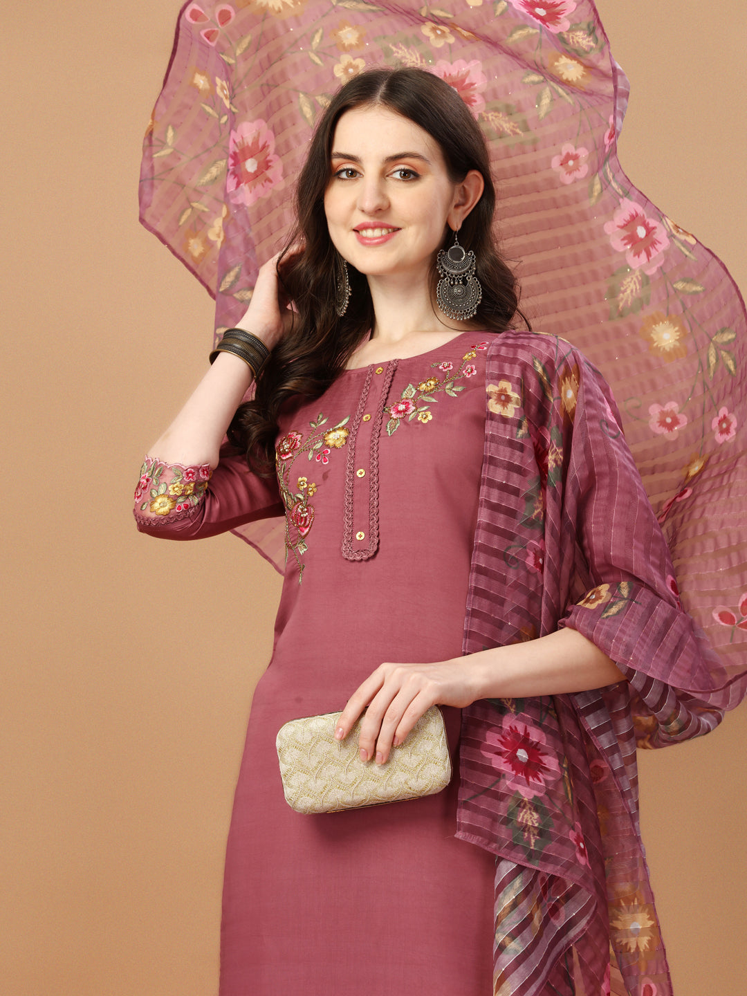 Hand Embroidered Kurta With Pant & Printed Premium Organza Dupatta, Multicolor - Hiral Fashion | Grocsy