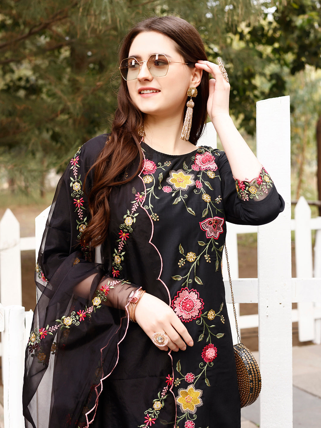 Floral Embroidered Kurta With Pant & Premium Organza Embroidered Dupatta Luxury, Multicolor - Hiral Fashion | Grocsy