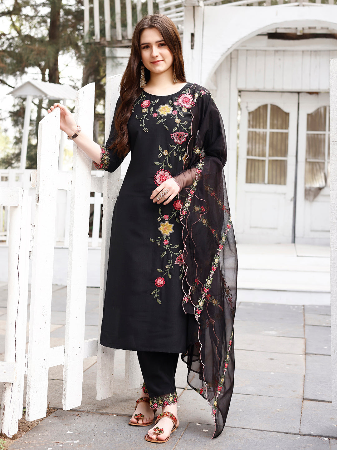 Floral Embroidered Kurta With Pant & Premium Organza Embroidered Dupatta Luxury, Multicolor - Hiral Fashion | Grocsy