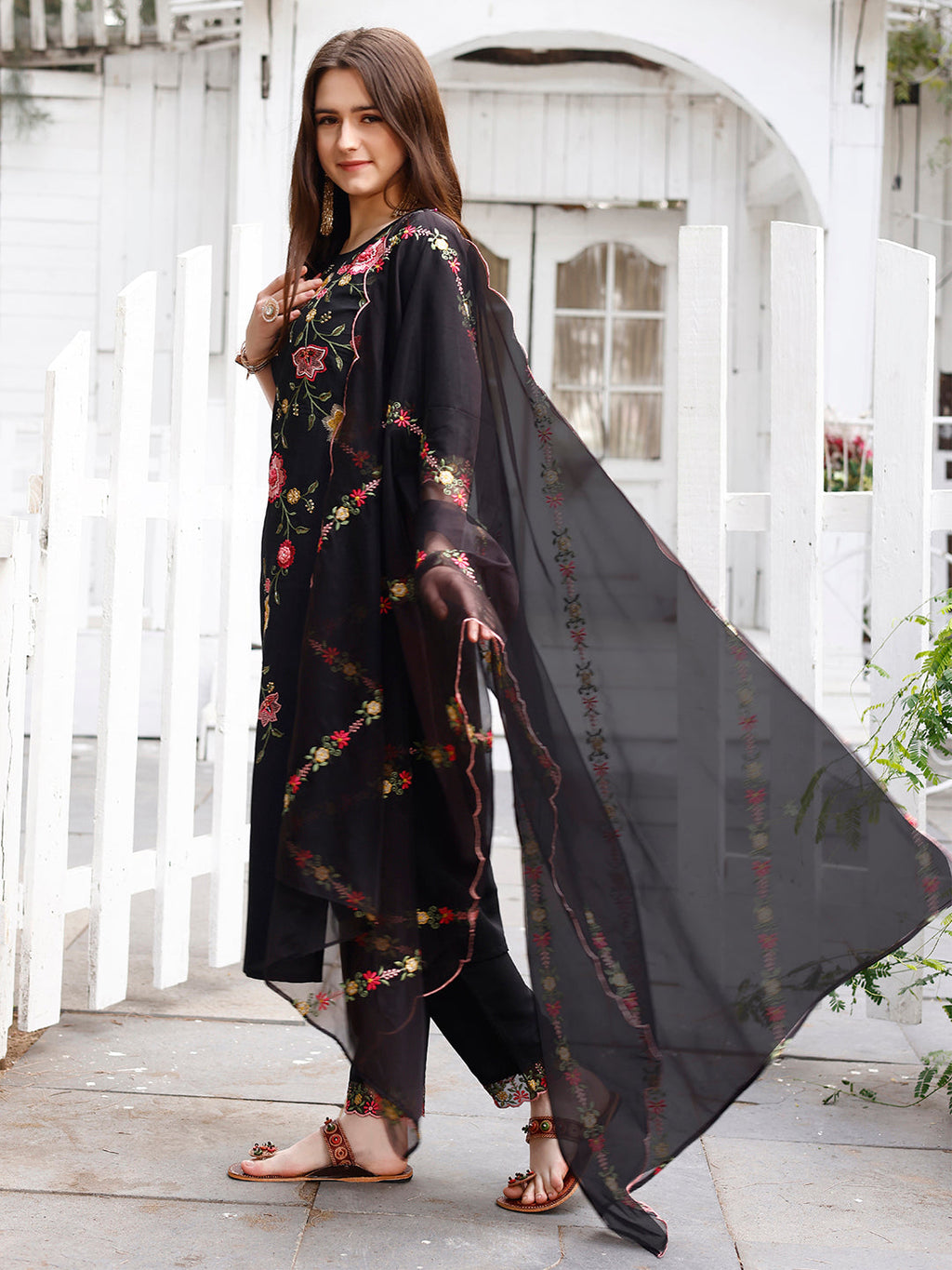 Floral Embroidered Kurta With Pant & Premium Organza Embroidered Dupatta Luxury, Multicolor - Hiral Fashion | Grocsy