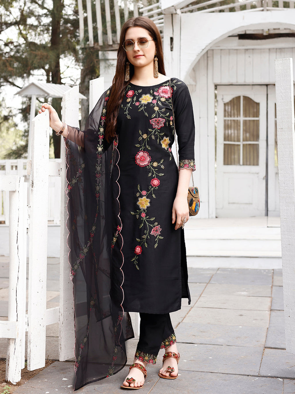 Floral Embroidered Kurta With Pant & Premium Organza Embroidered Dupatta Luxury, Multicolor - Hiral Fashion | Grocsy