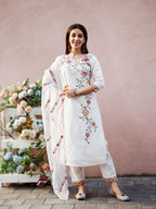 Floral Embroidered Kurta With Pant & Premium Organza Embroidered Dupatta, Multicolor - Hiral Fashion | Grocsy