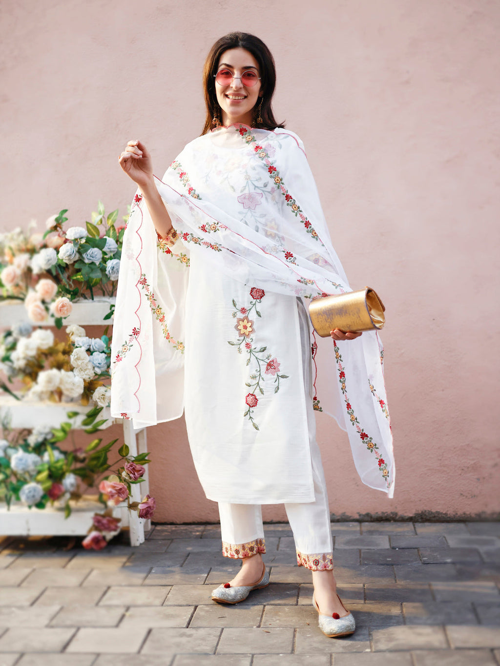 Floral Embroidered Kurta With Pant & Premium Organza Embroidered Dupatta, Multicolor - Hiral Fashion | Grocsy