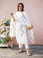 Floral Embroidered Kurta With Pant & Premium Organza Embroidered Dupatta, Multicolor - Hiral Fashion | Grocsy