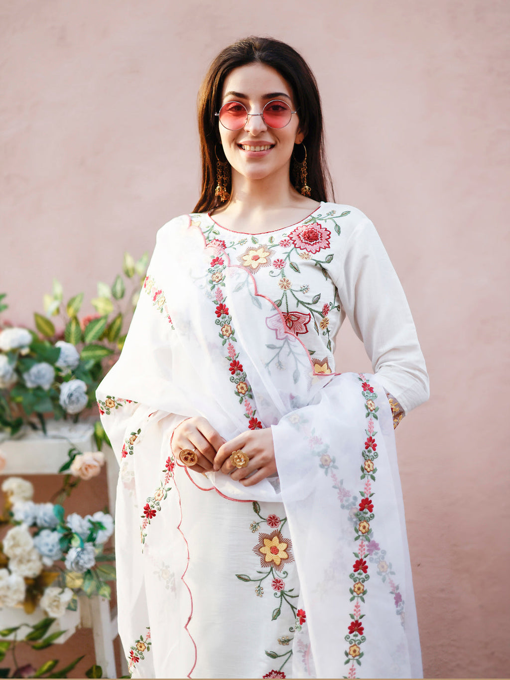 Floral Embroidered Kurta With Pant & Premium Organza Embroidered Dupatta, Multicolor - Hiral Fashion | Grocsy