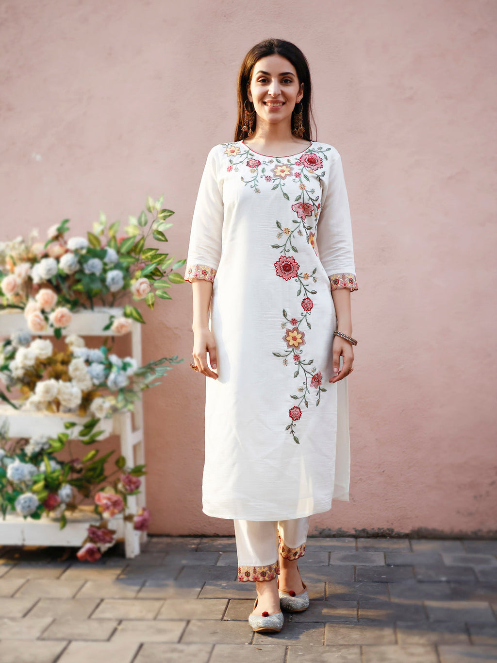 Floral Embroidered Kurta With Pant & Premium Organza Embroidered Dupatta, Multicolor - Hiral Fashion | Grocsy
