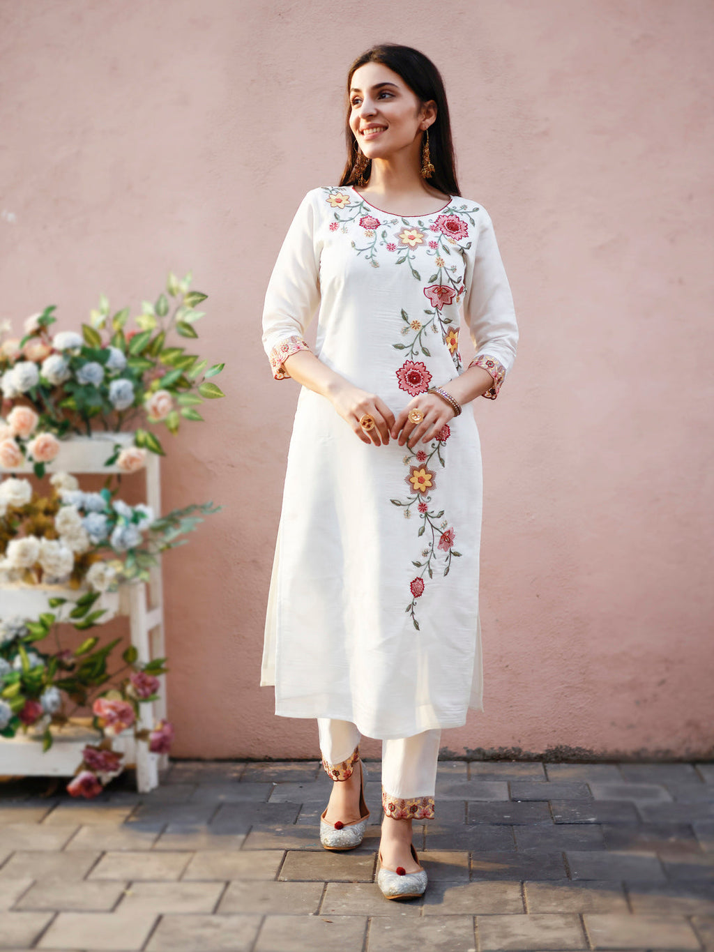 Floral Embroidered Kurta With Pant & Premium Organza Embroidered Dupatta, Multicolor - Hiral Fashion | Grocsy
