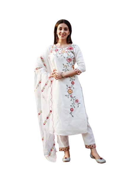 Floral Embroidered Kurta With Pant & Premium Organza Embroidered Dupatta, Multicolor - Hiral Fashion | Grocsy