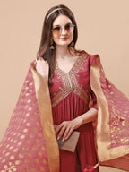 Alia Cut Sequined Embroidered Premium Kurta Set With Banarasi Silk Dupatta, Multicolor - Hiral Fashion | Grocsy