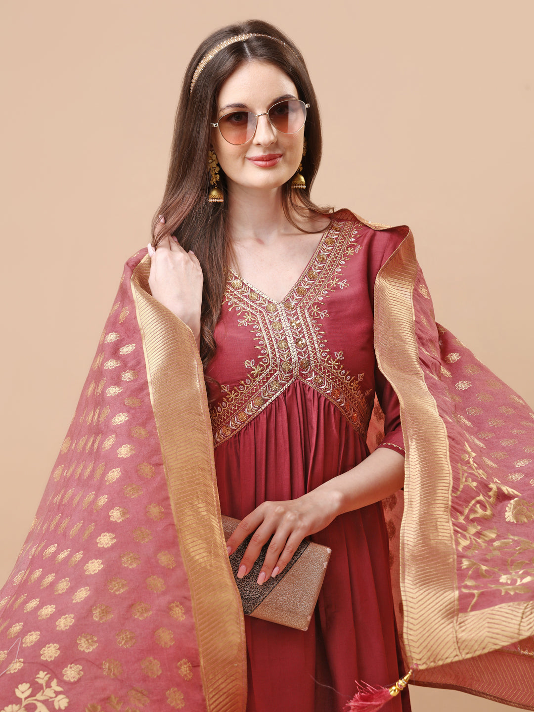 Alia Cut Sequined Embroidered Premium Kurta Set With Banarasi Silk Dupatta, Multicolor - Hiral Fashion | Grocsy