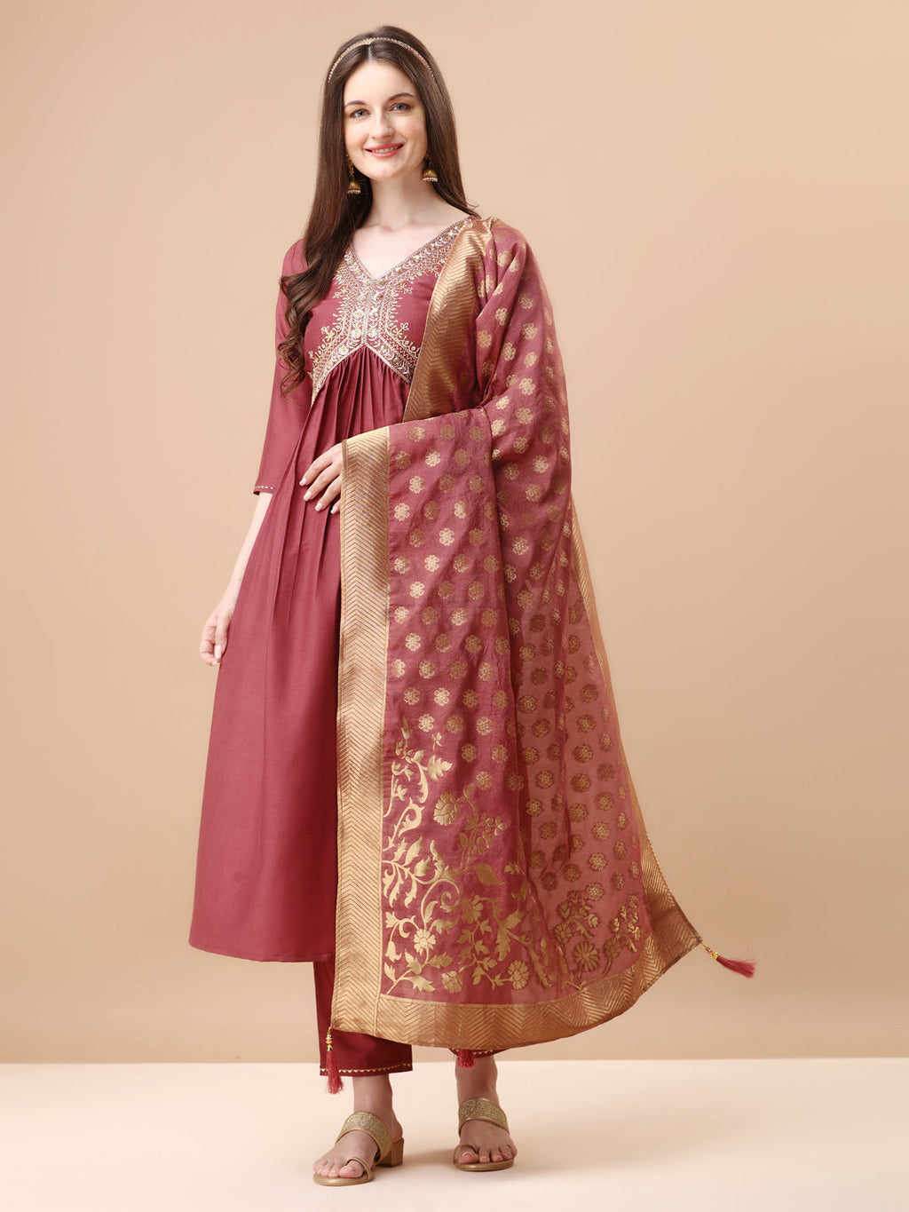 Alia Cut Sequined Embroidered Premium Kurta Set With Banarasi Silk Dupatta, Multicolor - Hiral Fashion | Grocsy