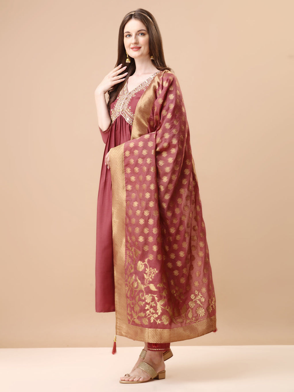 Alia Cut Sequined Embroidered Premium Kurta Set With Banarasi Silk Dupatta, Multicolor - Hiral Fashion | Grocsy