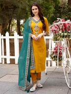Embroidered Kurta With Pant & Border Premium Embroidered Dupatta, Multicolor - Hiral Fashion | Grocsy