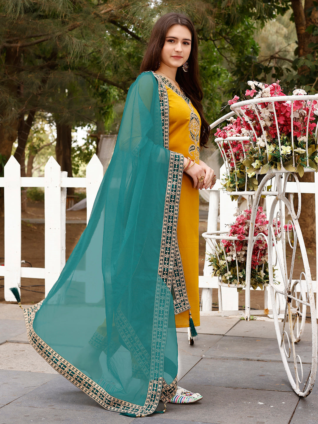 Embroidered Kurta With Pant & Border Premium Embroidered Dupatta, Multicolor - Hiral Fashion | Grocsy