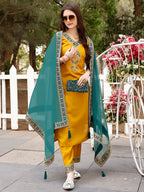 Embroidered Kurta With Pant & Border Premium Embroidered Dupatta, Multicolor - Hiral Fashion | Grocsy