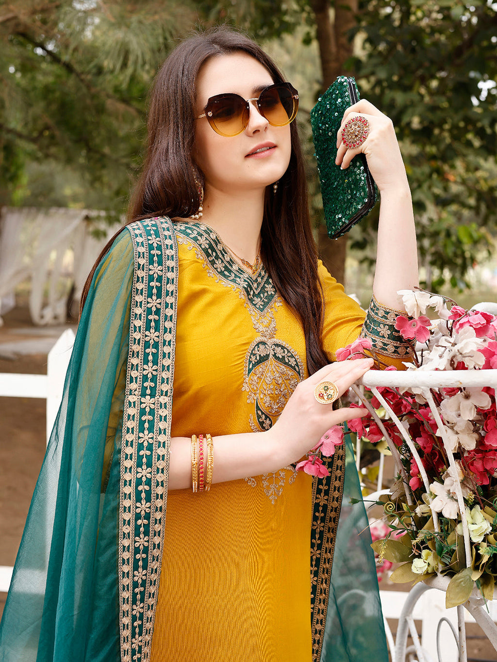 Embroidered Kurta With Pant & Border Premium Embroidered Dupatta, Multicolor - Hiral Fashion | Grocsy