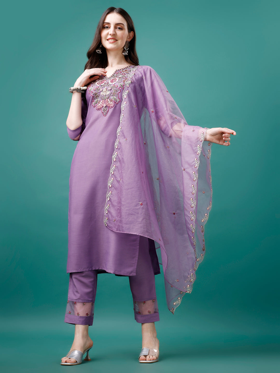 Embroidered Kurta With Pant & Premium Embroidered Organza Dupatta, Multicolor - Hiral Fashion | Grocsy
